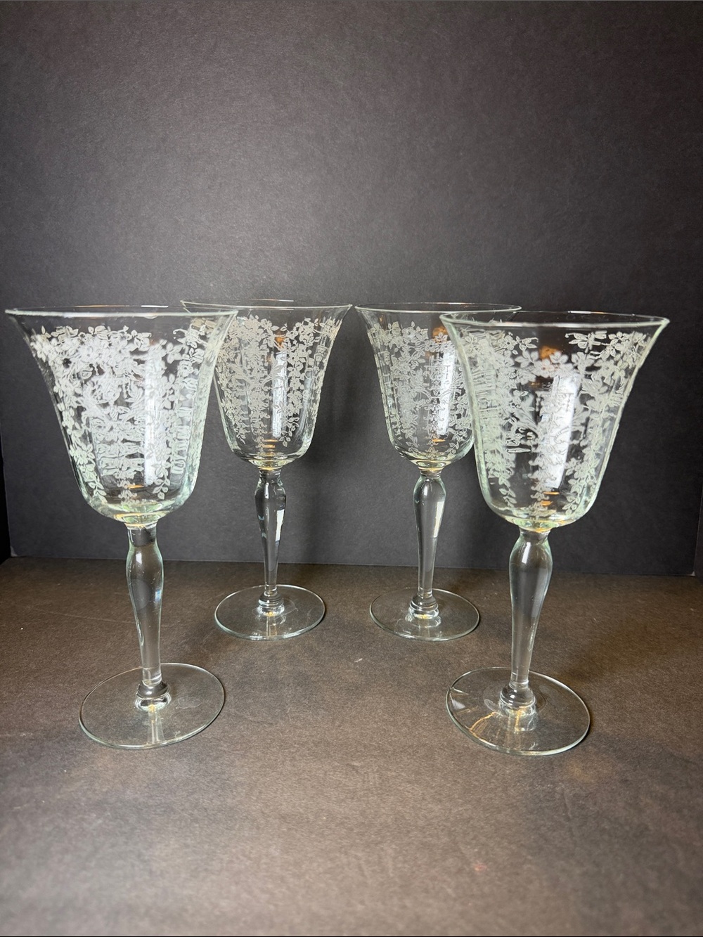 (4) Vintage Morgantown Mikado Etched Water Goblets / Glasses 1930s